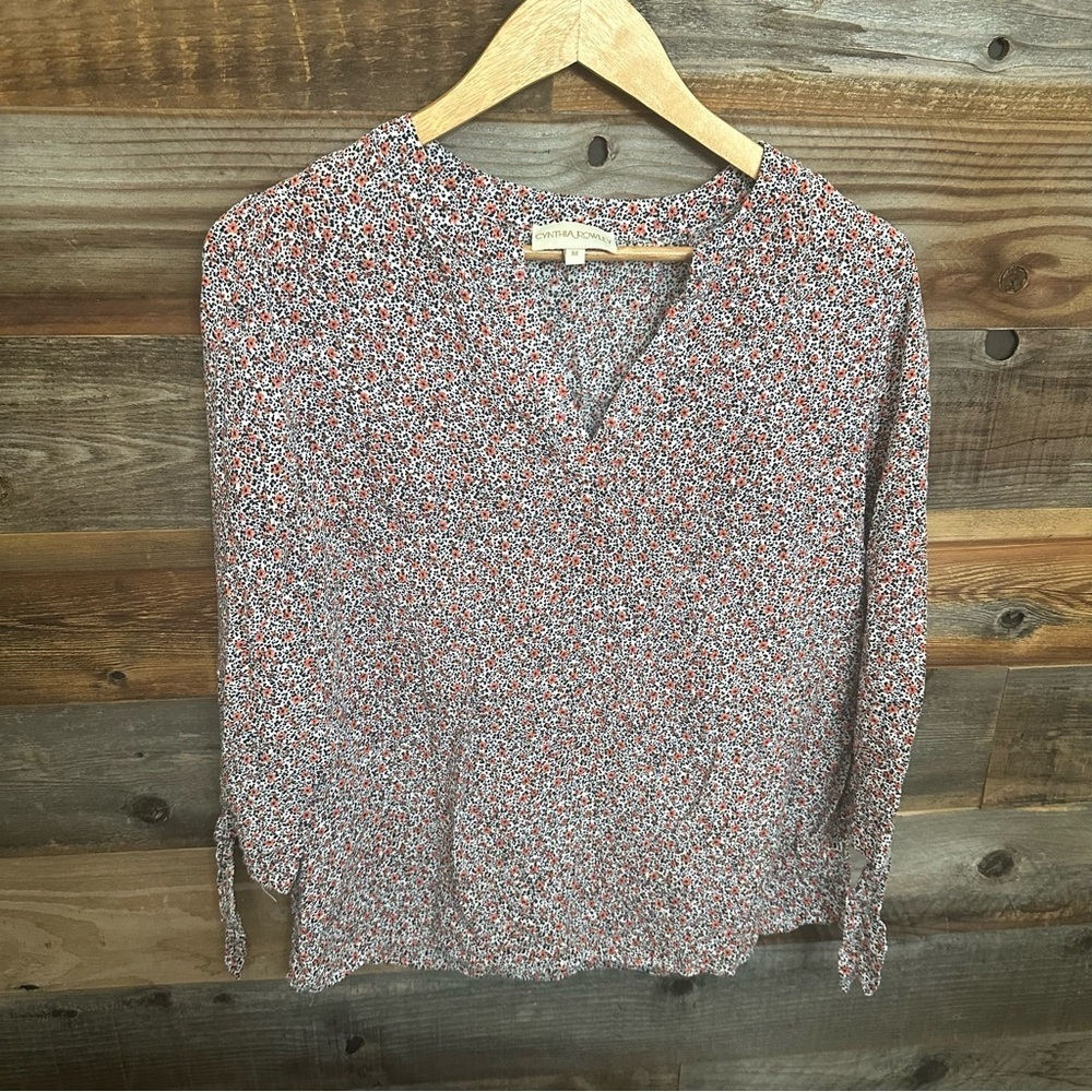 Cynthia Rowley Womens Blouse Top Medium Black White Floral V-Neck 3/4 Sleeve